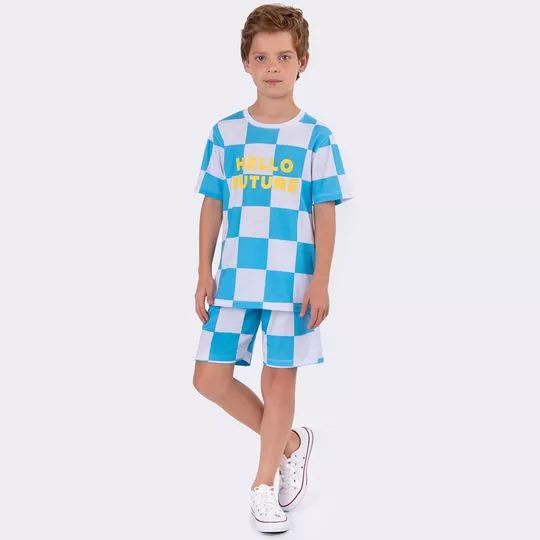 Pijama Infantil Quadriculado- Azul & Branco- Veggi