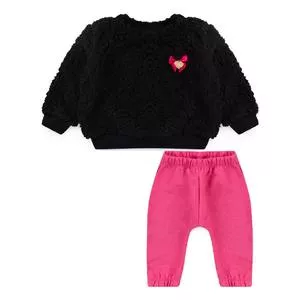 Conjunto De Blusão Texturizado & Calça Jogger Lisa<BR>- Preto & Pink