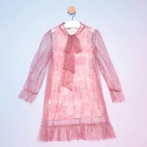 Vestido Infantil Com Sobreposição Em Tule<BR>- Rosa<BR>- Luluzinha