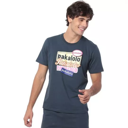 Camiseta Com Inscrições- Azul Marinho & Laranja- Pakalolo