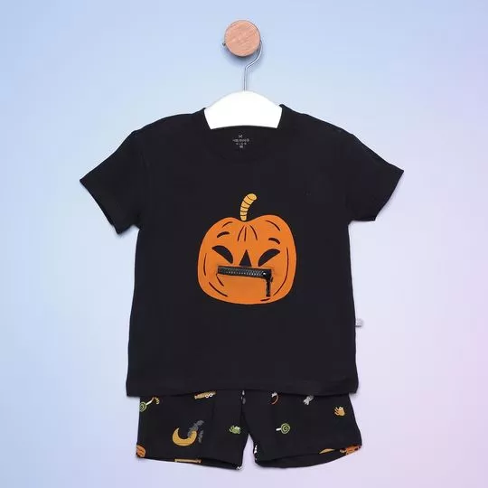 Pijama Infantil De Camiseta & Short Halloween- Preta & Laranja- Hering Kids
