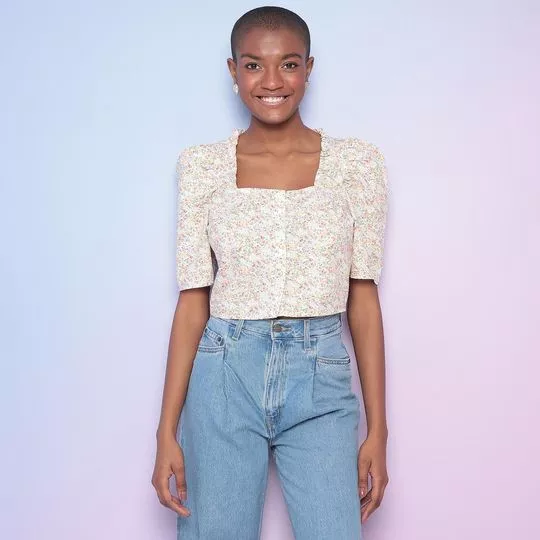 Camisa Cropped Floral- Off White & Rosa Claro- Levi's