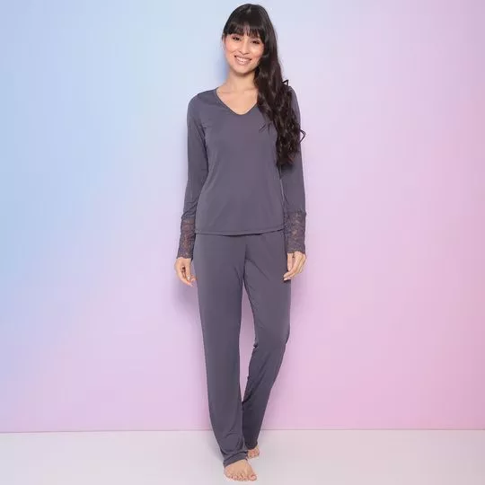 Pijama Longo Liso- Cinza Escuro- Elegance