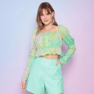 Cropped Floral Com Babado<BR>- Verde Claro & Rosa<BR>- My Favorite Things
