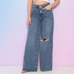 Calça Jeans Pantalona Com Bolsos<BR>- Azul Marinho