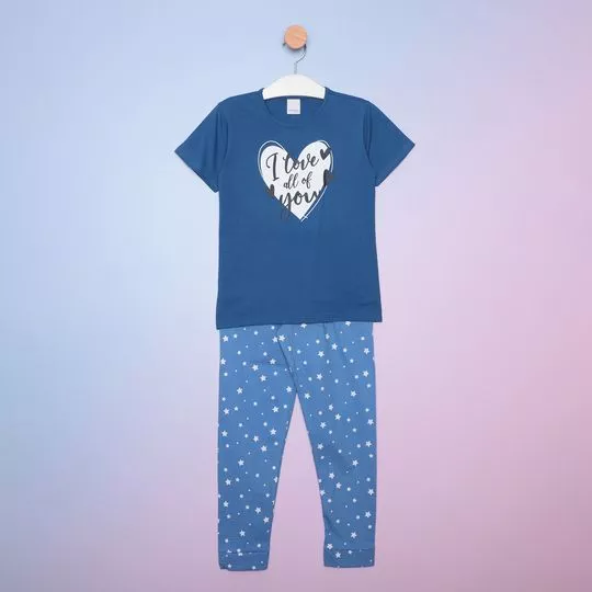Pijama Juvenil Com Inscrição- Azul Marinho & Branco- Malwee