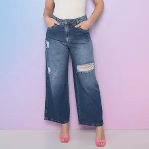 Calça Jeans Pantalona Estonada<BR>- Azul