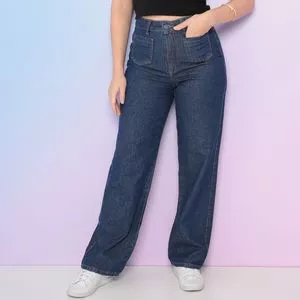 Calça Jeans Wide Leg Com Recortes<BR>- Azul Escuro
