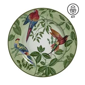 Jogo De Pratos Para Sobremesa Birds<BR>- Verde & Vermelho<BR>- 6Pçs<BR>- Alleanza Cerâmica