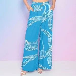 Calça Pantalona Folhagens<BR>- Azul & Branca