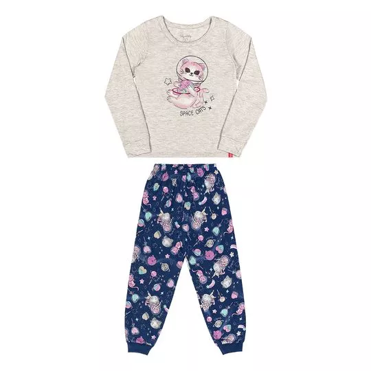 Pijama Infantil Space Cats- Cinza Claro & Azul Marinho- Kely&Kety