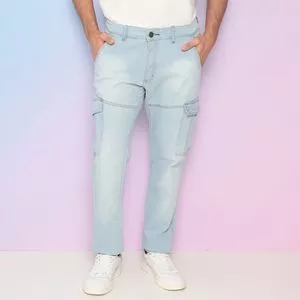 Calça Jeans Cargo Com Recortes<BR>- Azul Claro