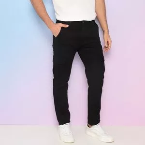 Calça Jeans Cargo Com Recortes<BR>- Preta