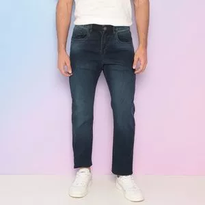 Calça Jeans Reta Com Bolsos<BR>- Azul Marinho
