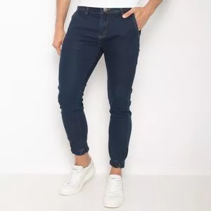 Calça Jeans Jogger Com Bolsos<BR>- Azul Marinho