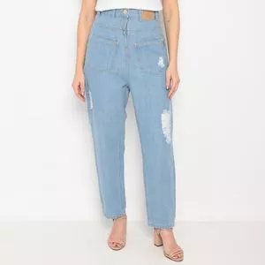 Calça Jeans Mom Com Destroyed<BR>- Azul Claro