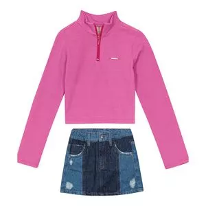 Conjunto De Blusão & Saia Jeans<BR>- Rosa Neon & Azul Marinho