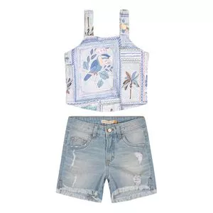 Conjunto De Cropped Tropical & Short Jeans<BR>- Azul Claro & Azul