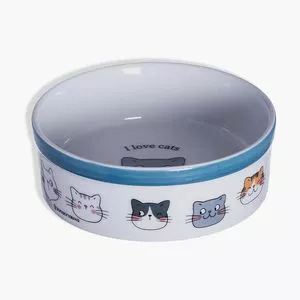 Comedouro Para Pet I Love Cats®<BR>- Branco & Azul Escuro<BR>- 400ml