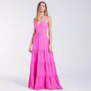 Vestido Longo Com Recortes<BR>- Rosa Neon
