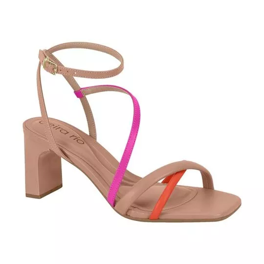 Sandália Com Tiras- Bege & Pink- Salto: 6,5cm- Beira Rio