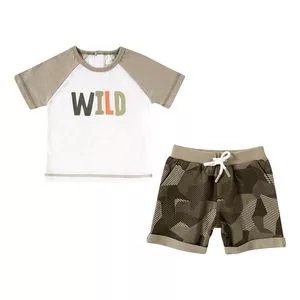 Conjunto De Camiseta Wild & Bermuda<BR>- Off White & Verde Militar