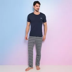 Pijama Listrado<BR>- Azul Marinho & Branco