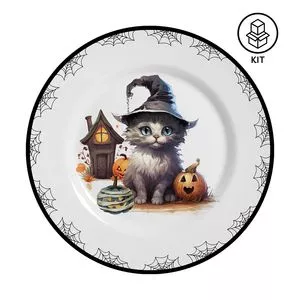 Jogo De Pratos Para Sobremesa Cute Cats<BR>- Branco & Preto<BR>- 6Pçs<BR>- Alleanza Cerâmica