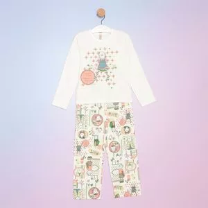 Pijama Manga Longa & Calça<BR>- Creme & Verde