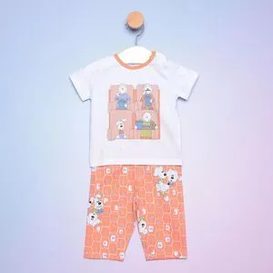 Pijama Infantil Manga Curta & Calça<BR>- Branco & Laranja