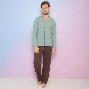 Pijama Manga Longa & Calça<br /> - Verde Claro & Marrom Escuro