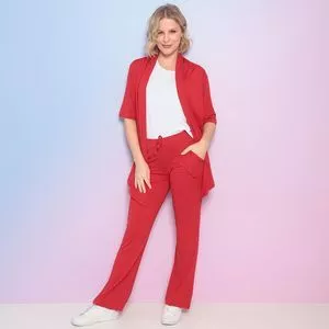 Conjunto De Blusa, Kimono & Calça Reta Com Bolsos<BR>- Vermelho & Branco<BR>- Vittri