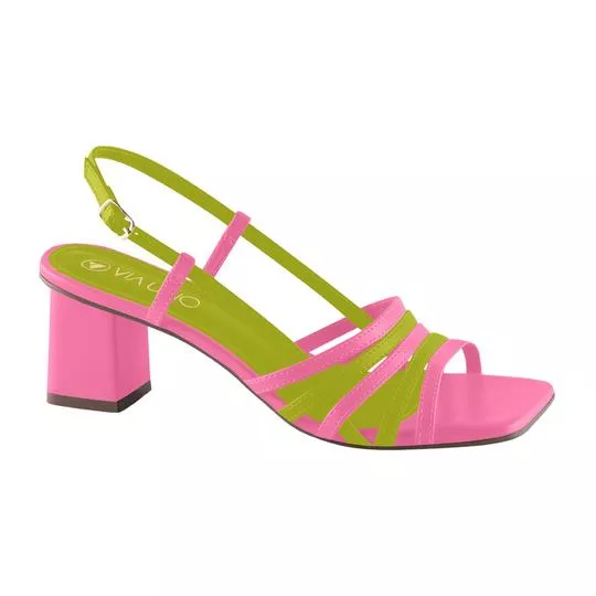 Sandália Com Tiras Sobrepostas- Rosa & verde- Salto: 5,5cm
