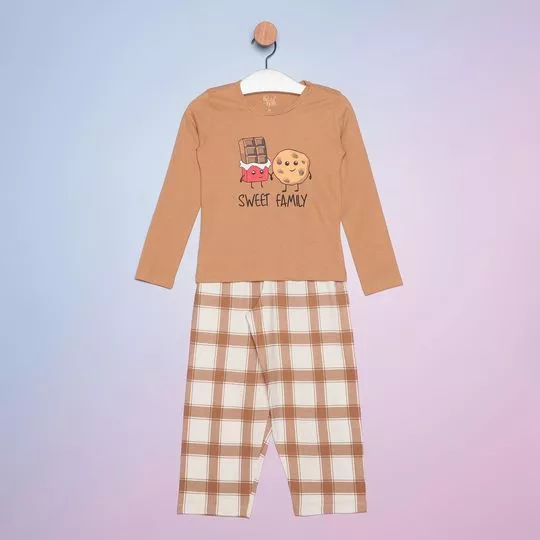 Pijama Sweet Family- Bege Escuro & Off White- Bela Notte