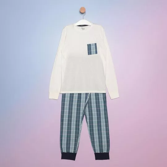 Pijama Xadrez- Off White & Azul Claro- Bela Notte