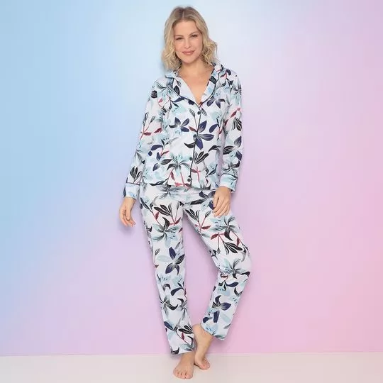Pijama Folhagens- Branco & Azul Escuro- Zulai