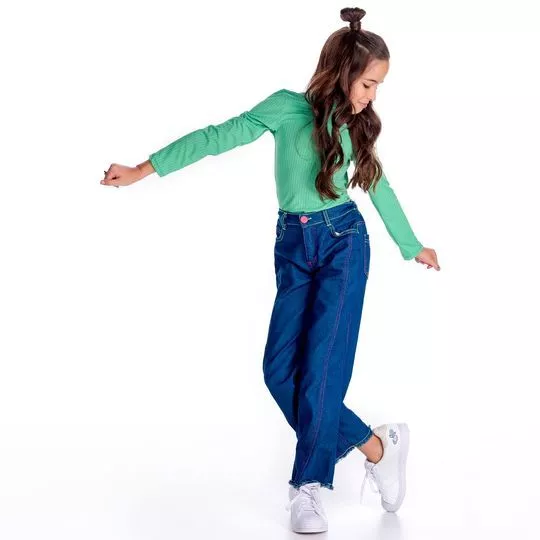 Calça Jeans Reta Com Pespontos- Azul & Verde Claro- Mylu