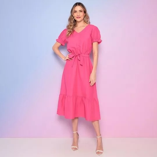 Vestido Midi Com Linho- Pink