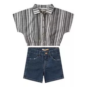 Conjunto De Camisa Cropped & Short Jeans<BR>- Branco & Azul Escuro<BR>- Carinhoso