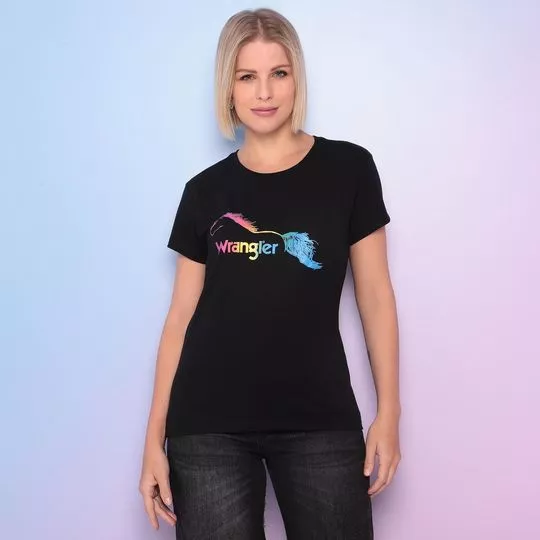 Camiseta Com Logo- Preta & Azul Claro- Wrangler