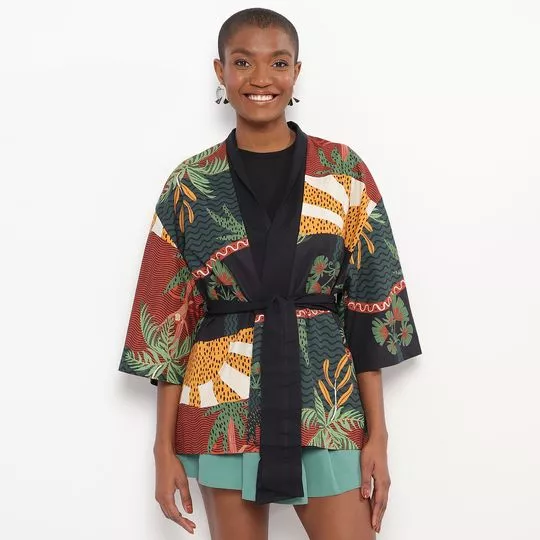 Kimono Folhagens- Verde Escuro & Marrom