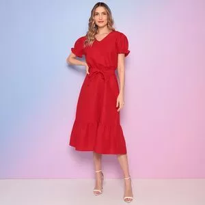 Vestido Midi Com Linho<BR>- Vermelho