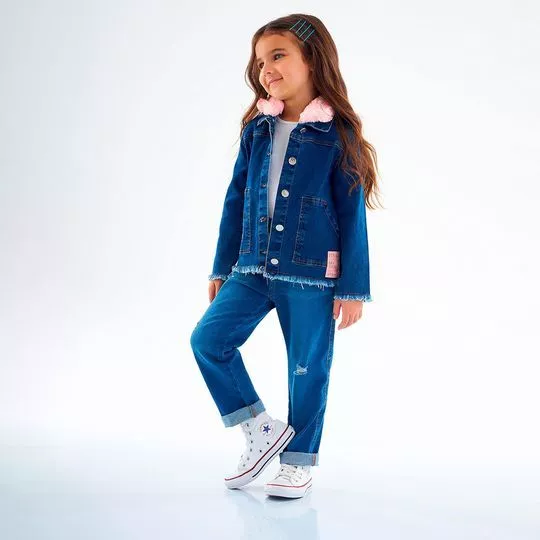 Jaqueta Jeans Com Pelúcia- Azul Escuro & Rosa- Up Baby & Up Kids