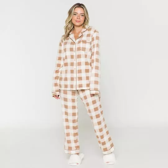 Pijama Com Bolso- Off White & Marrom