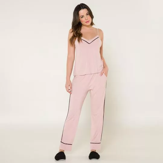 Pijama Com Recortes- Rosa Claro & Preto