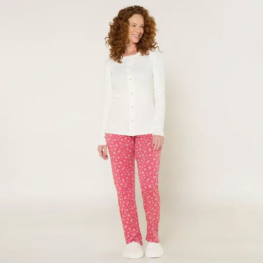 Pijama Canelado Floral- Branco & Pink