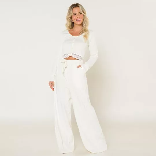 Pijama Canelado Com Renda- Off White