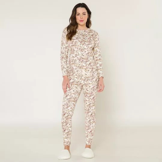Pijama Floral- Off White & Marrom