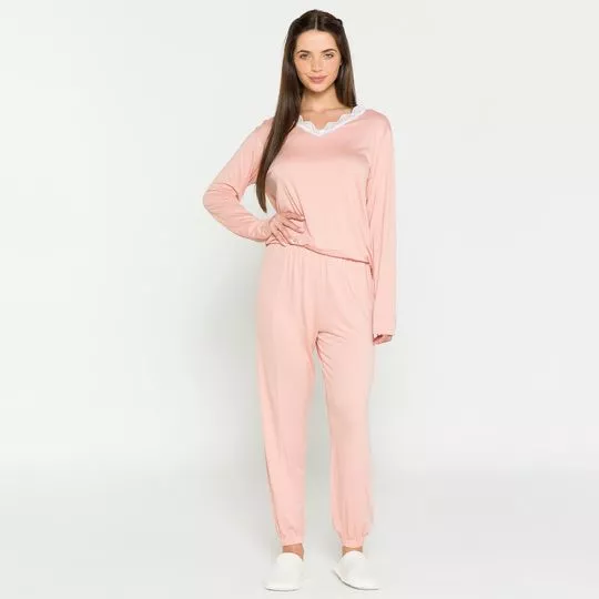 Pijama Com Renda- Rosa Claro & Branco