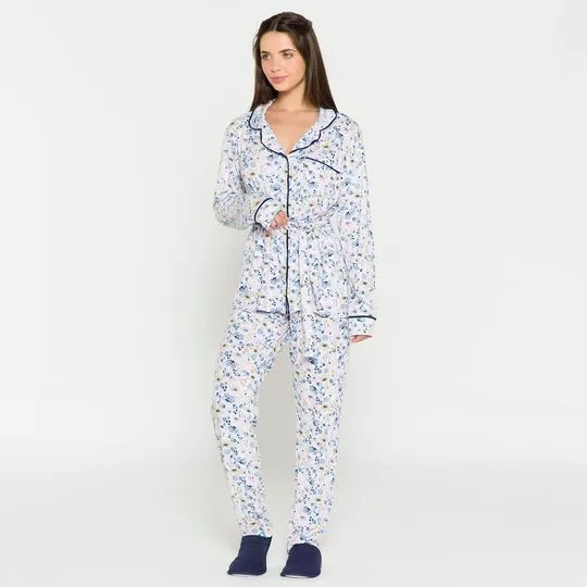 Pijama Com Faixa- Branco & Azul